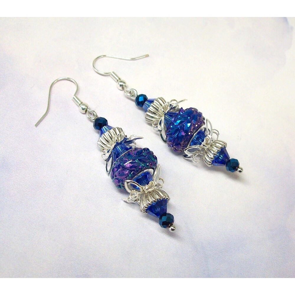 Iridescent Blue Dangle Earrings Silver, Artisan Crafted Unique Jewelry Gifts for